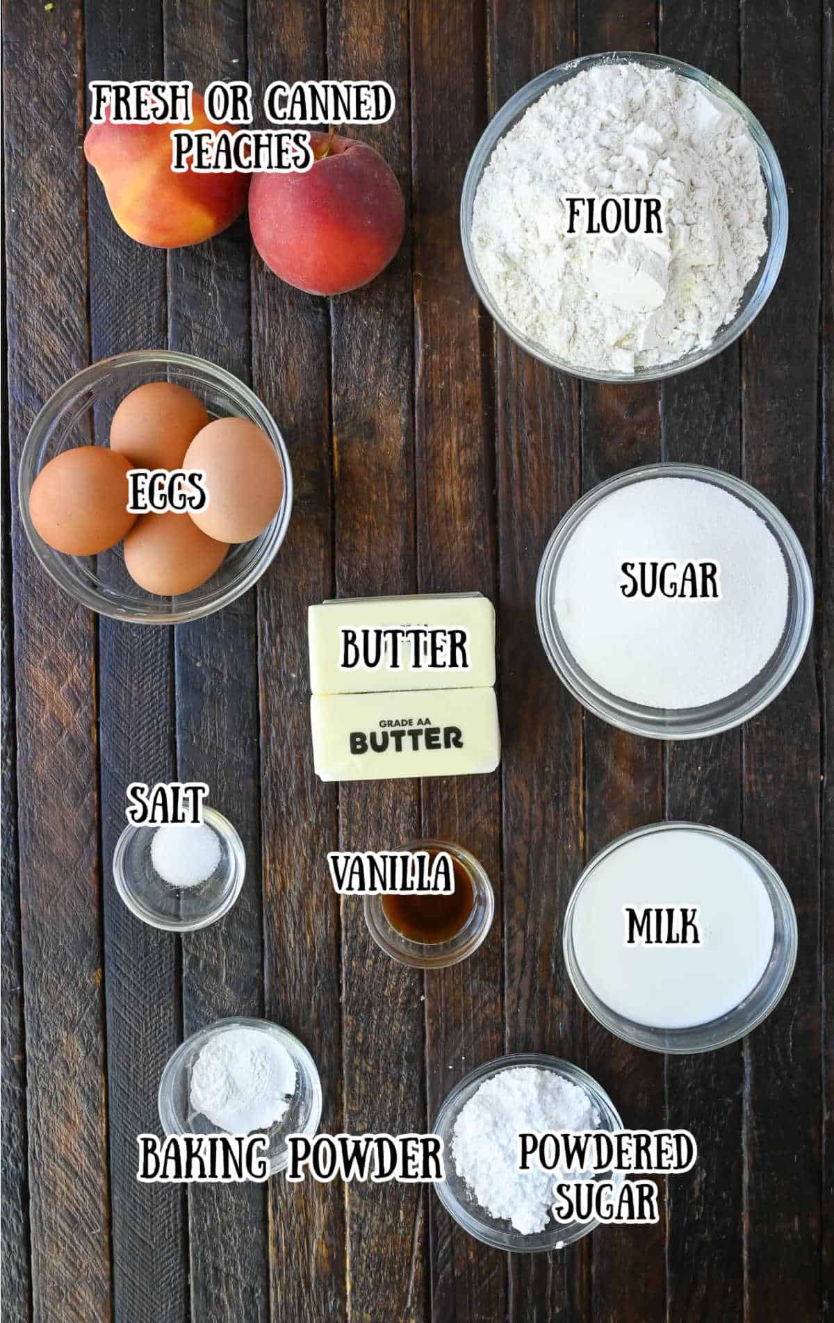 All the ingredients needed for peach loaf cake.