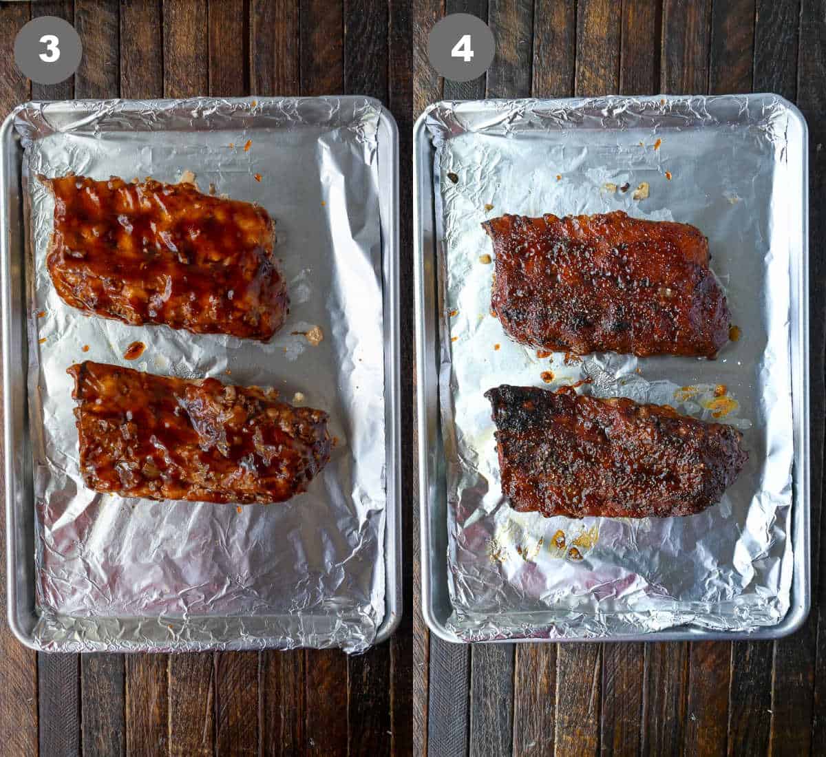 Cooked ribs on a baking sheet with bbq sauce on top.