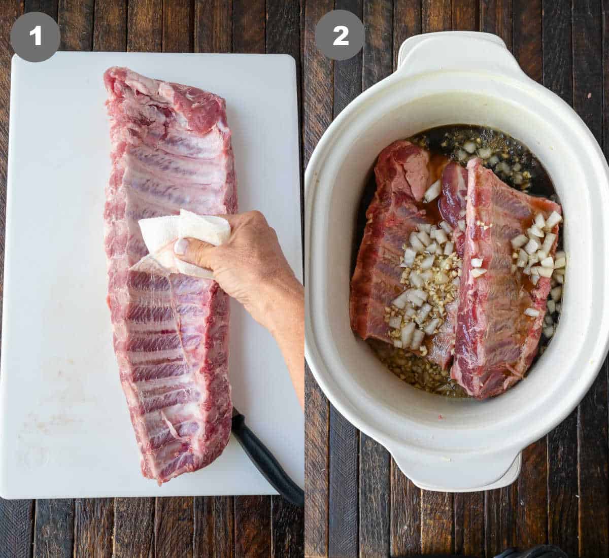 Ribs membrane being pulled off and placed into a slow cooker.