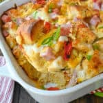 Close up oh ham and cheese strata.