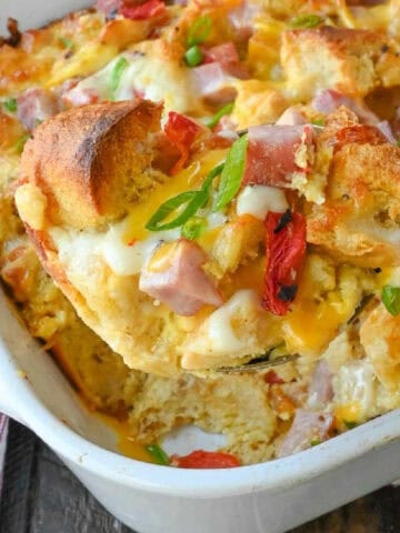 Close up oh ham and cheese strata.