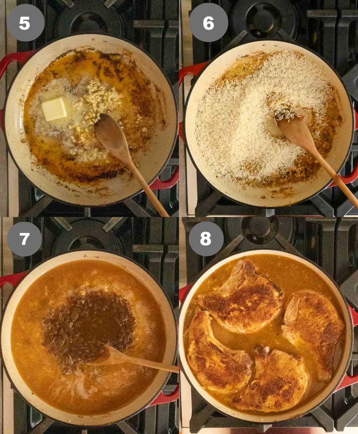 Garlic cooked in butter in the skill;et then rice added, broth added and finally pork chops on top.