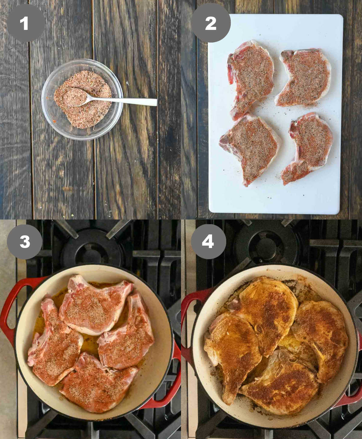 Spices mixed in a bowl, spread on pork chops then chops seared in a skillet.