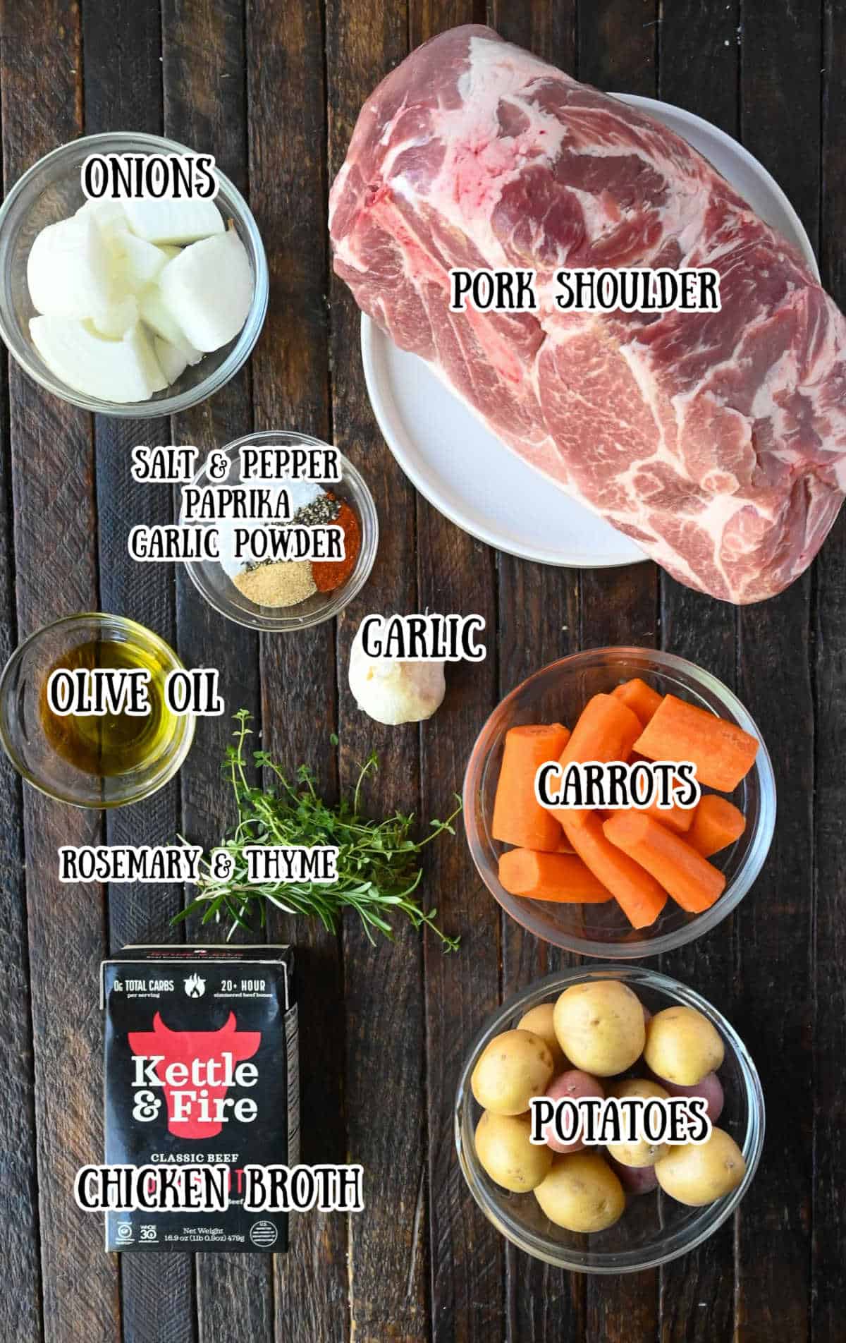 Labeled ingredients for slow cooker pot roast.