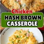 hash brown casserole in a skillet and plate pinterest pin.
