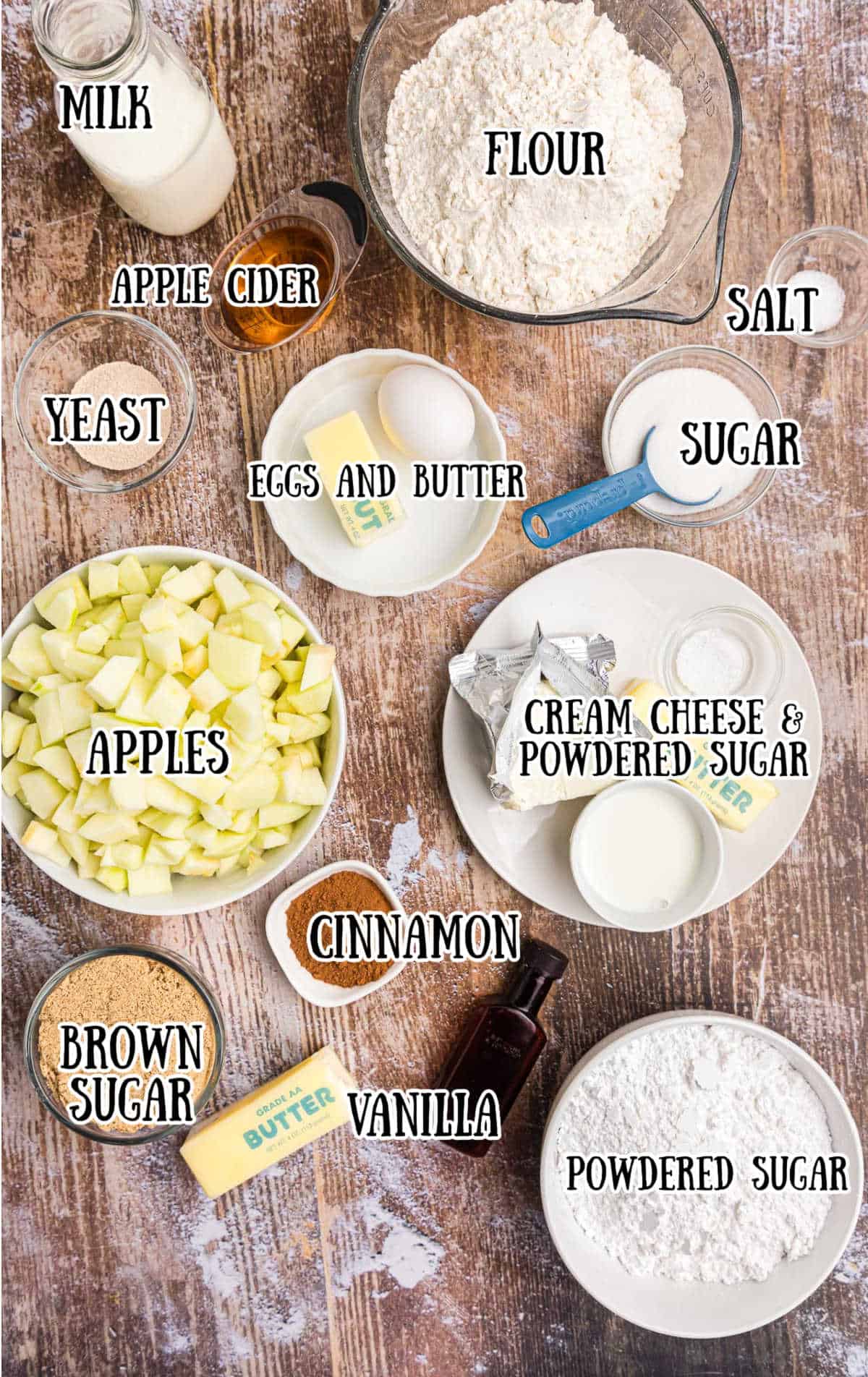 Labeled ingredients for apple pie cinnamon rolls.