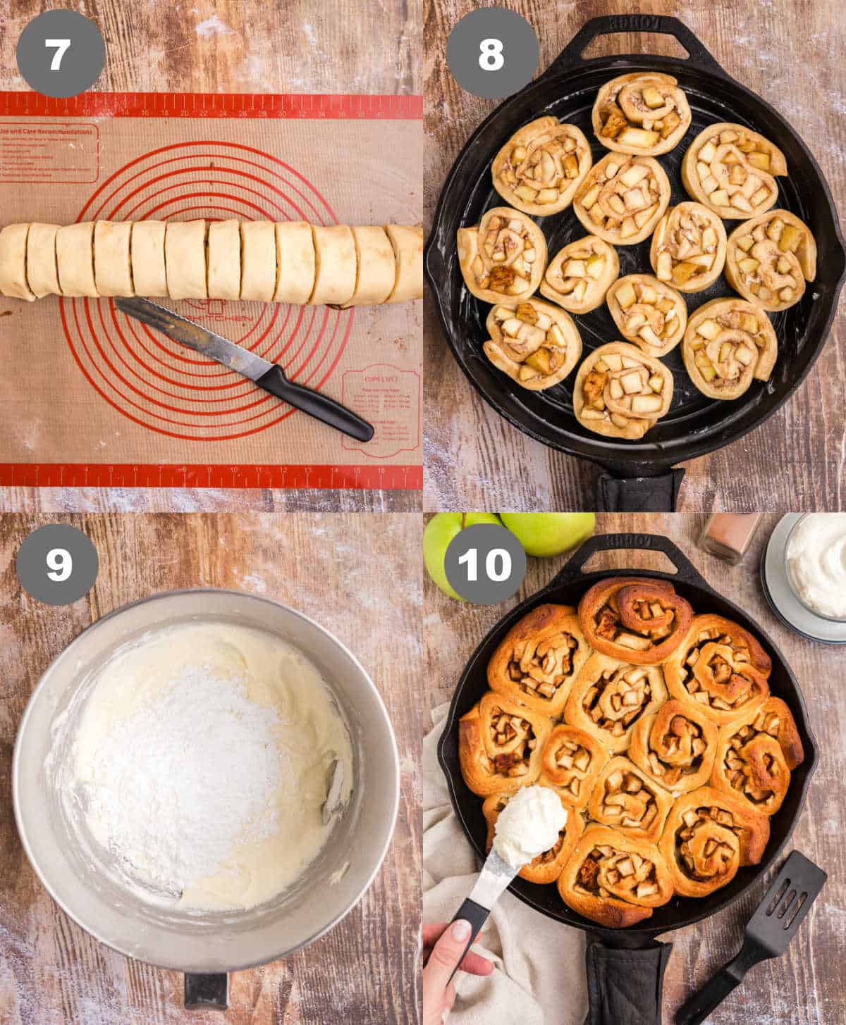 Steps 9 through 12 for making apple cinnamon rolls.