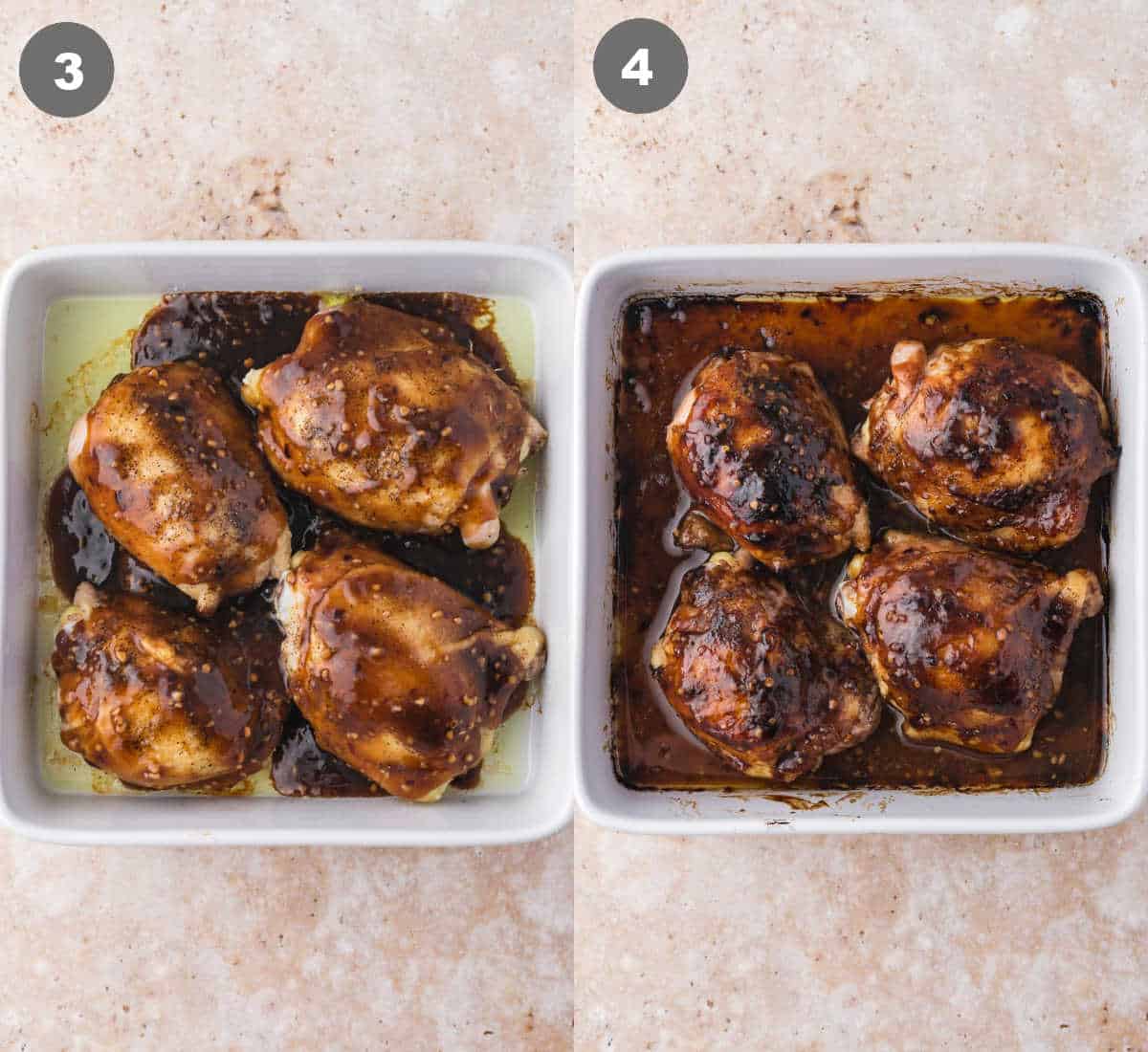 Steps 3 and 4 for making teriyaki chicken thighs.