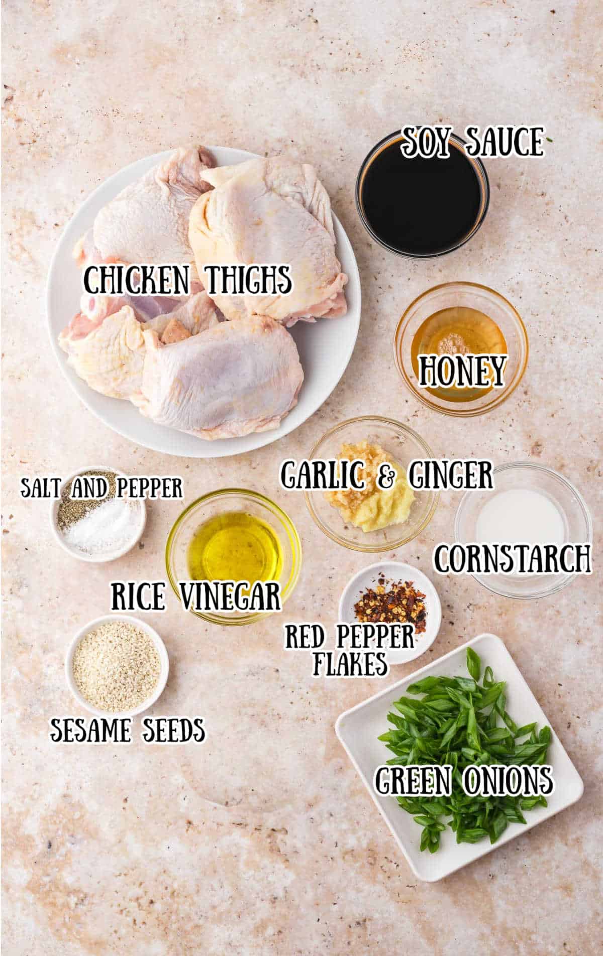 Labeled ingredients for baked teriyaki chicken thighs.