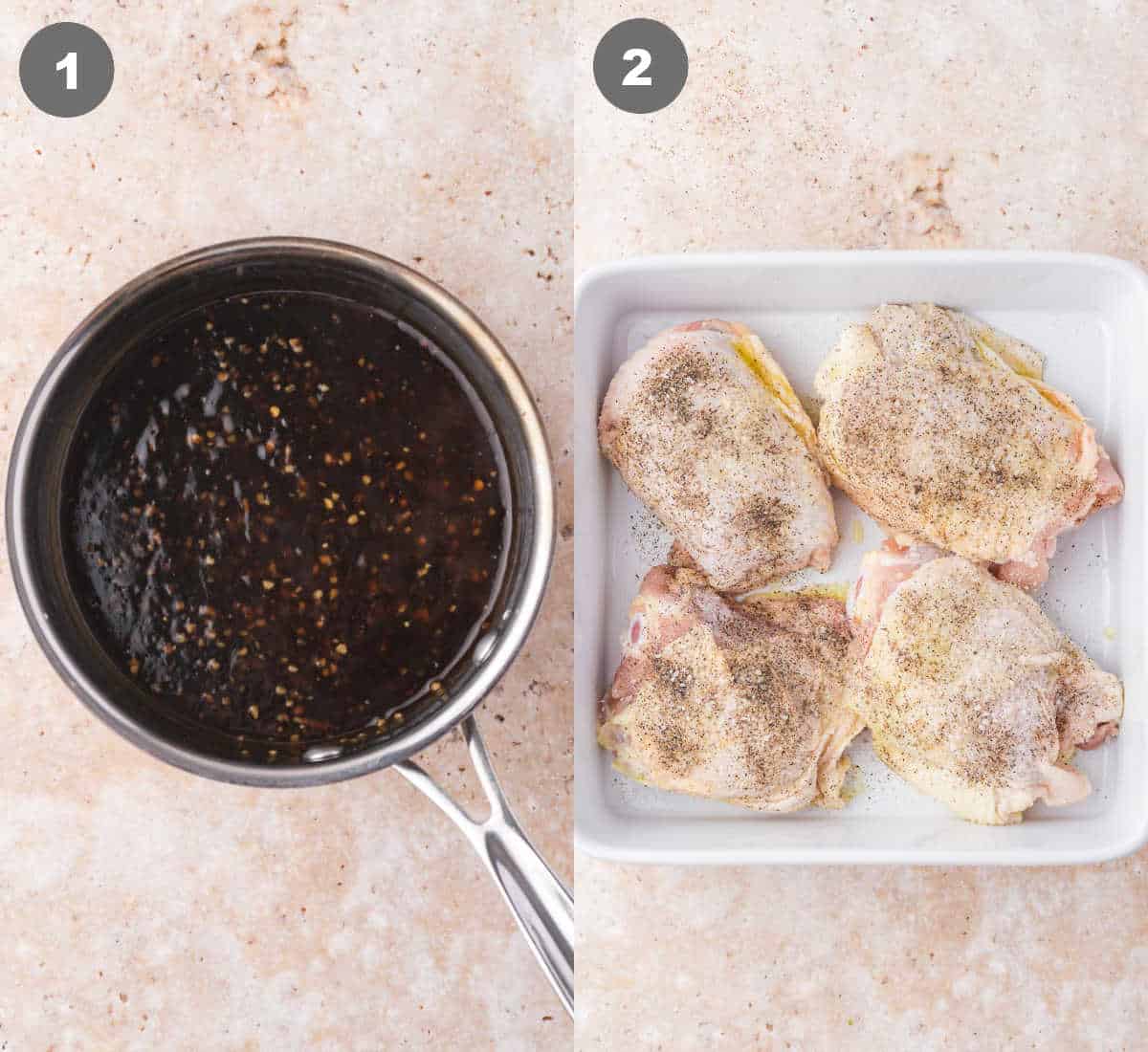 Steps 1 and 2 showing how to make baked teriyaki chicken thighs.