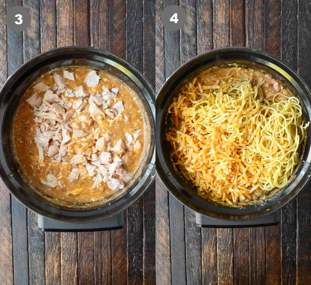 Chicken shredded and added back into the crockpot with spaghetti and cheese.