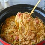 A ladle scooping up some chicken spaghetti.