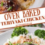 Pinterest graphic featuring two images of teriyaki chicken thighs.