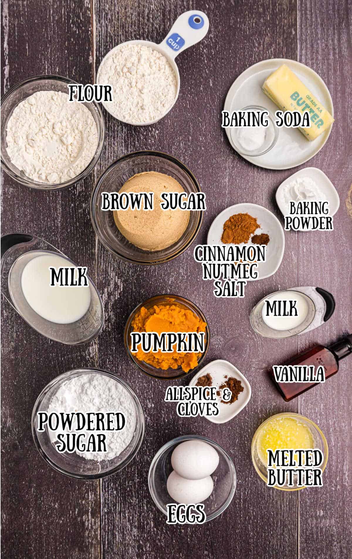 Labeled ingredients for pumpkin poundcake.