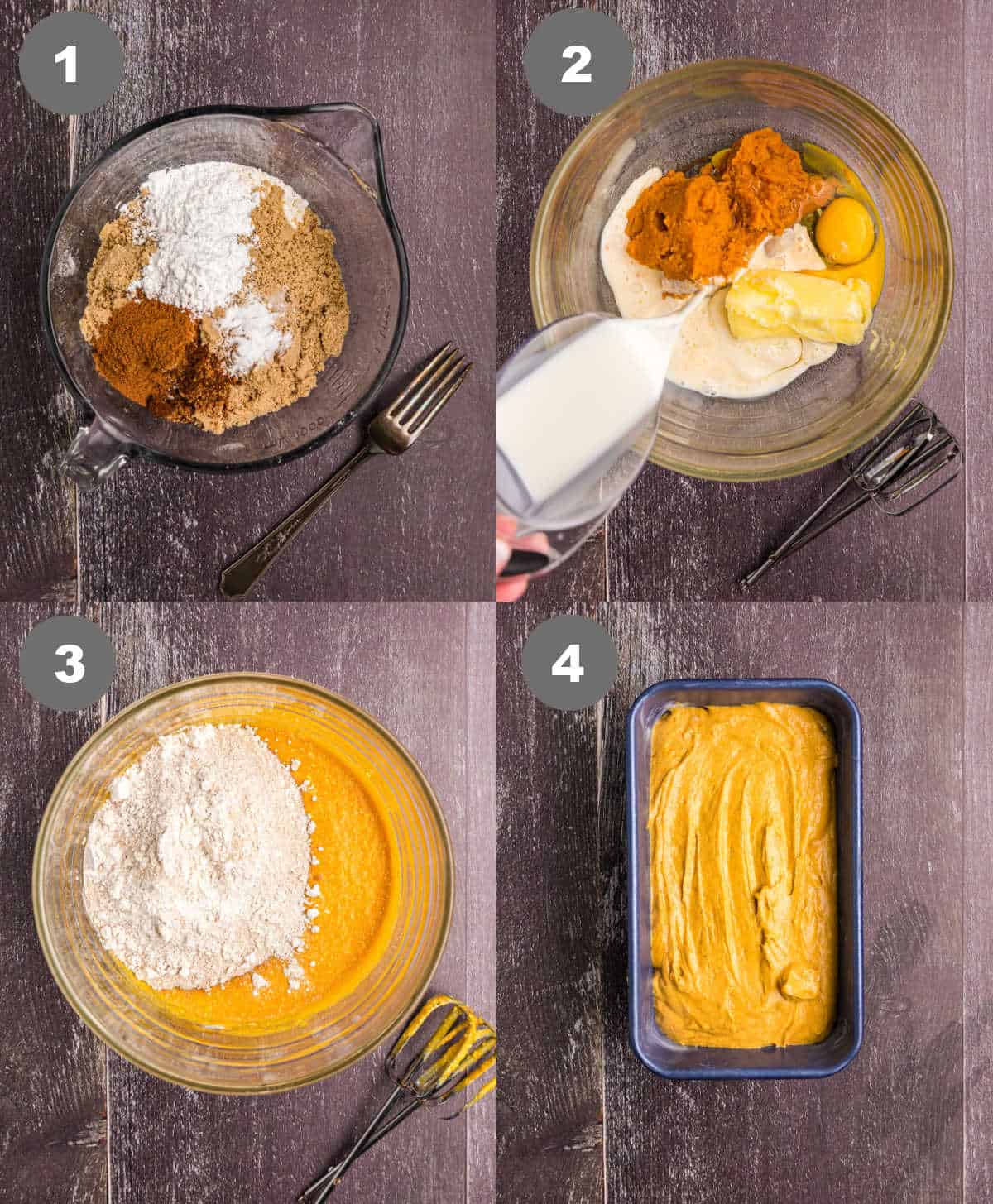 Steps 1 through 4 for making pumpkin pound cake.