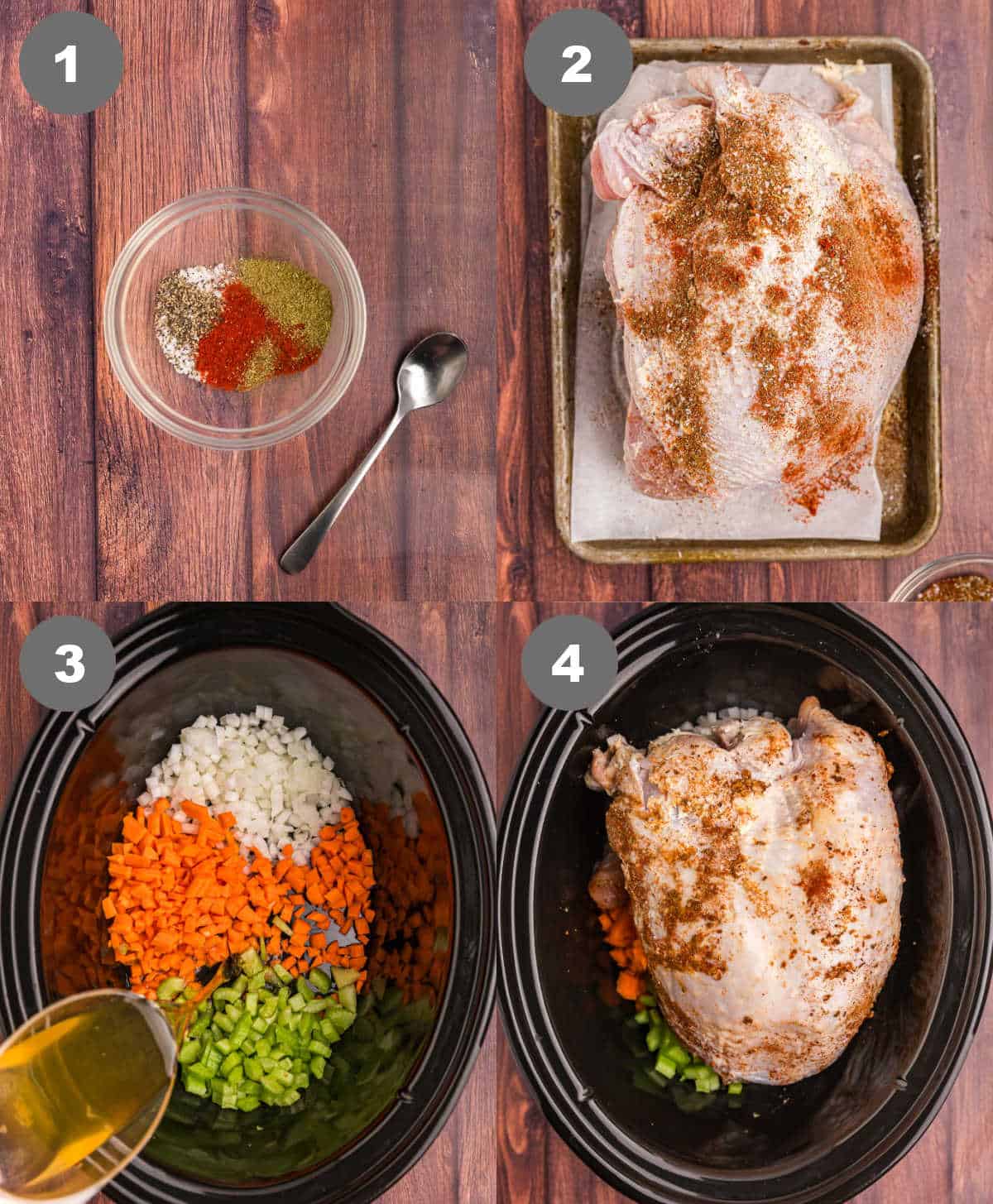 Steps 1 through 4 for making slow cooker turkey.