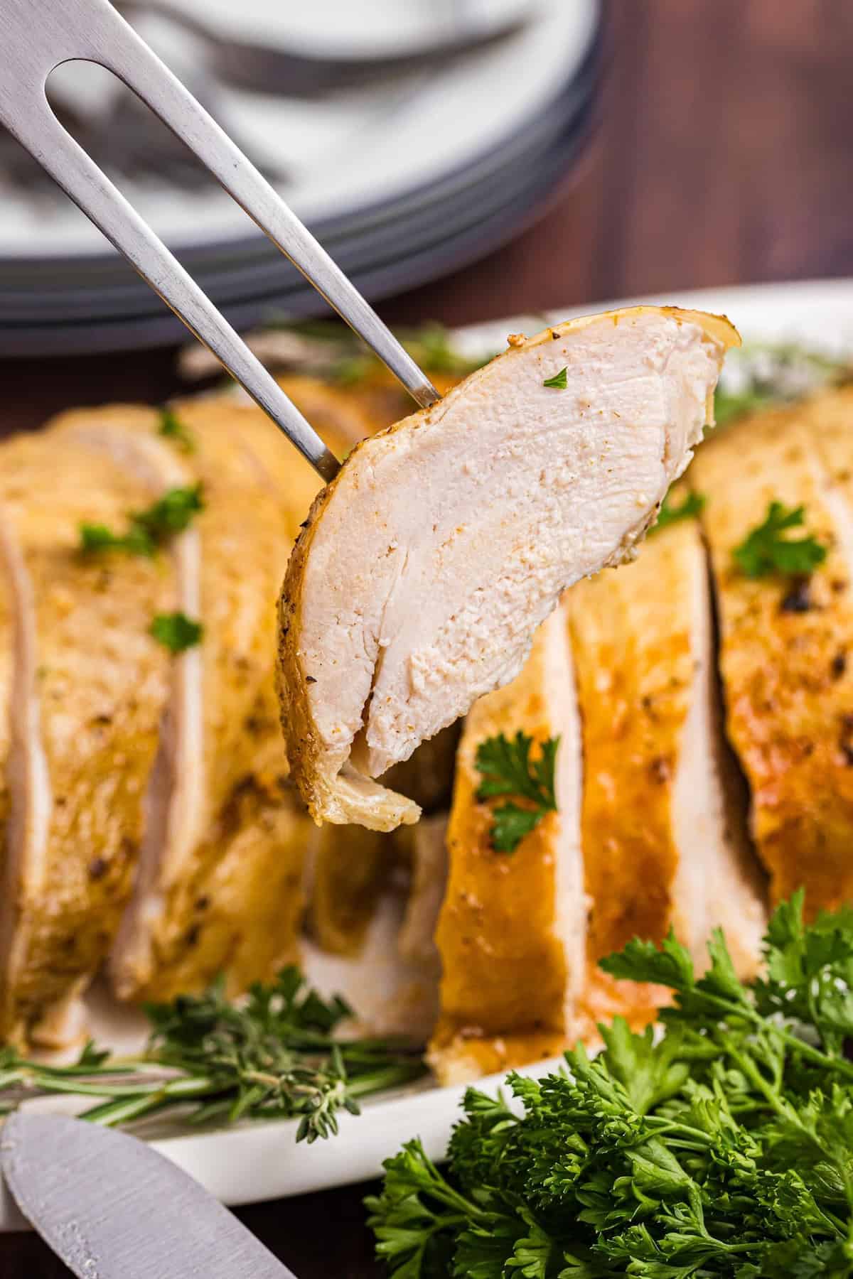 A close up of perfectly tender slow cooked turkey.