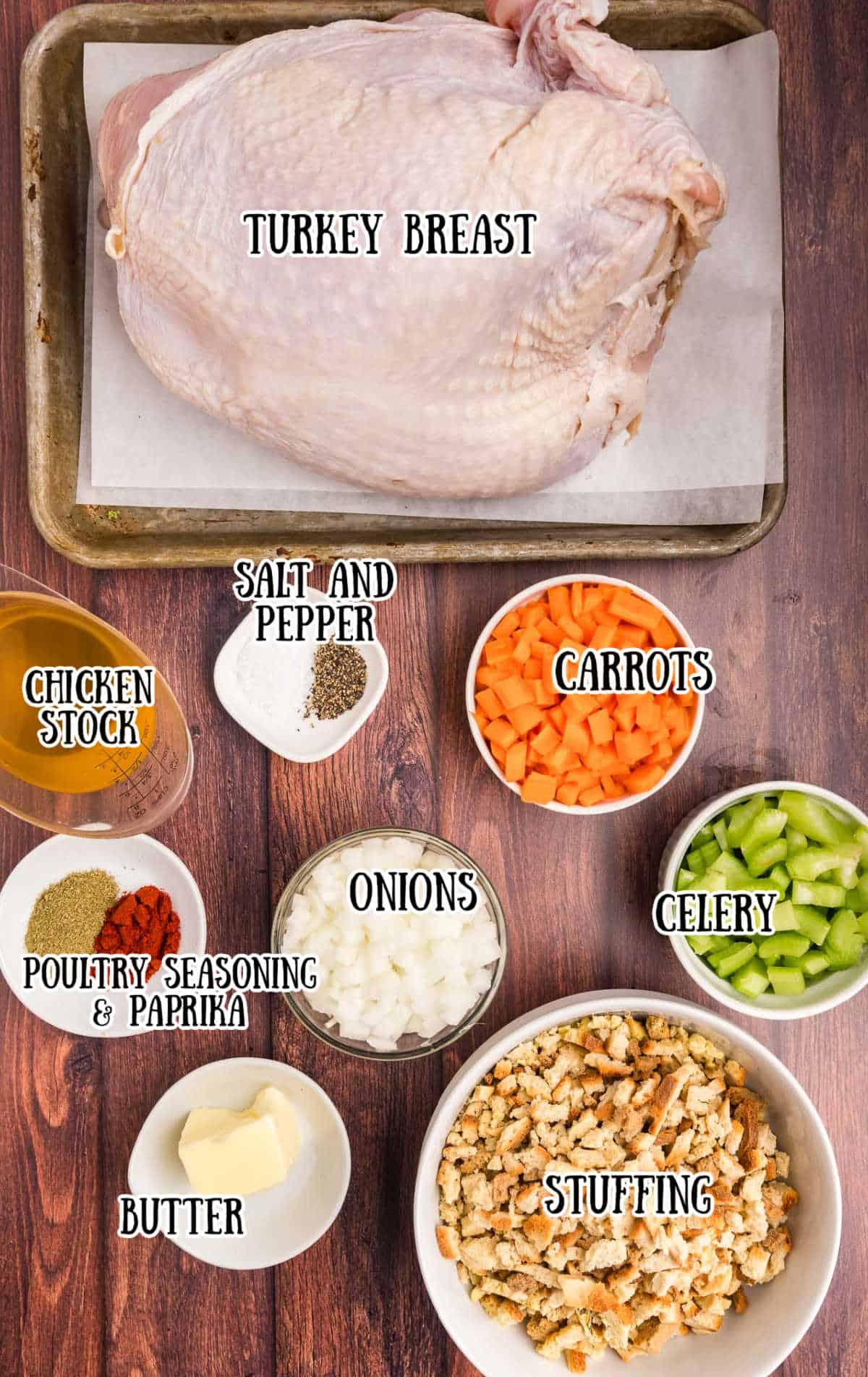 Labeled ingredients for crock pot turkey with stuffing.