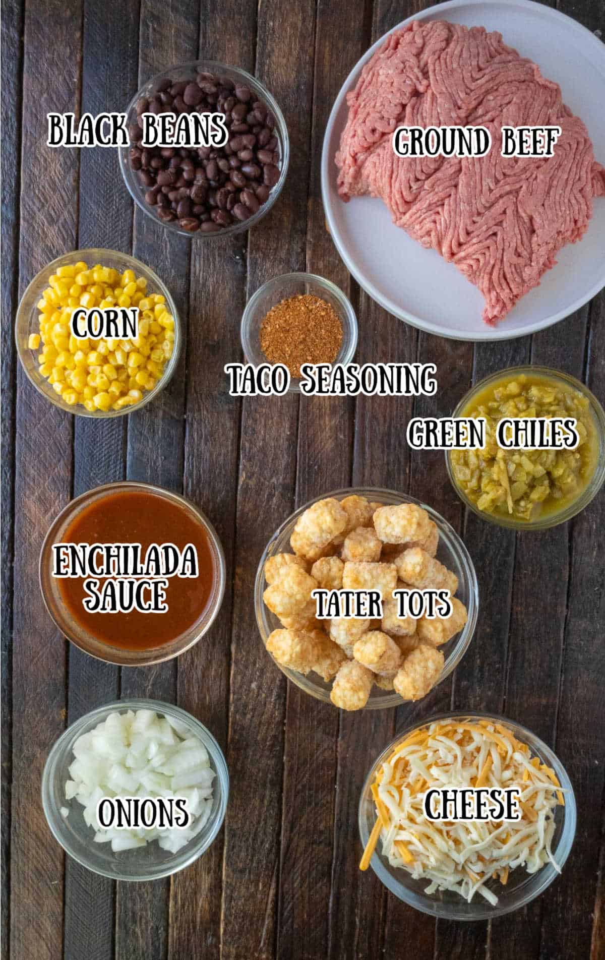 Labeled ingredients for mexican tater tot casserole.