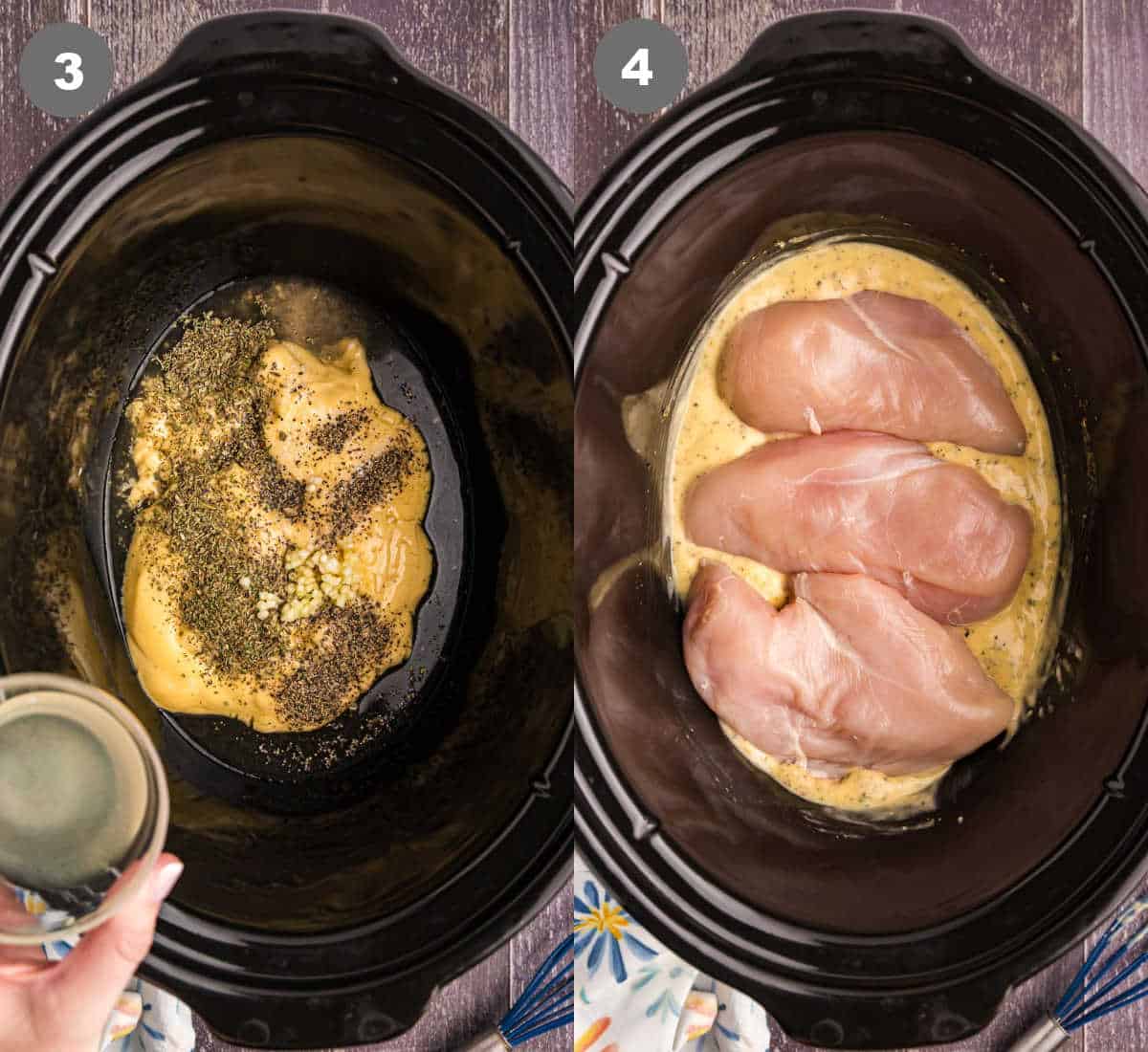 Steps 3 and 4 for making lemon pepper slow cooker chicken.