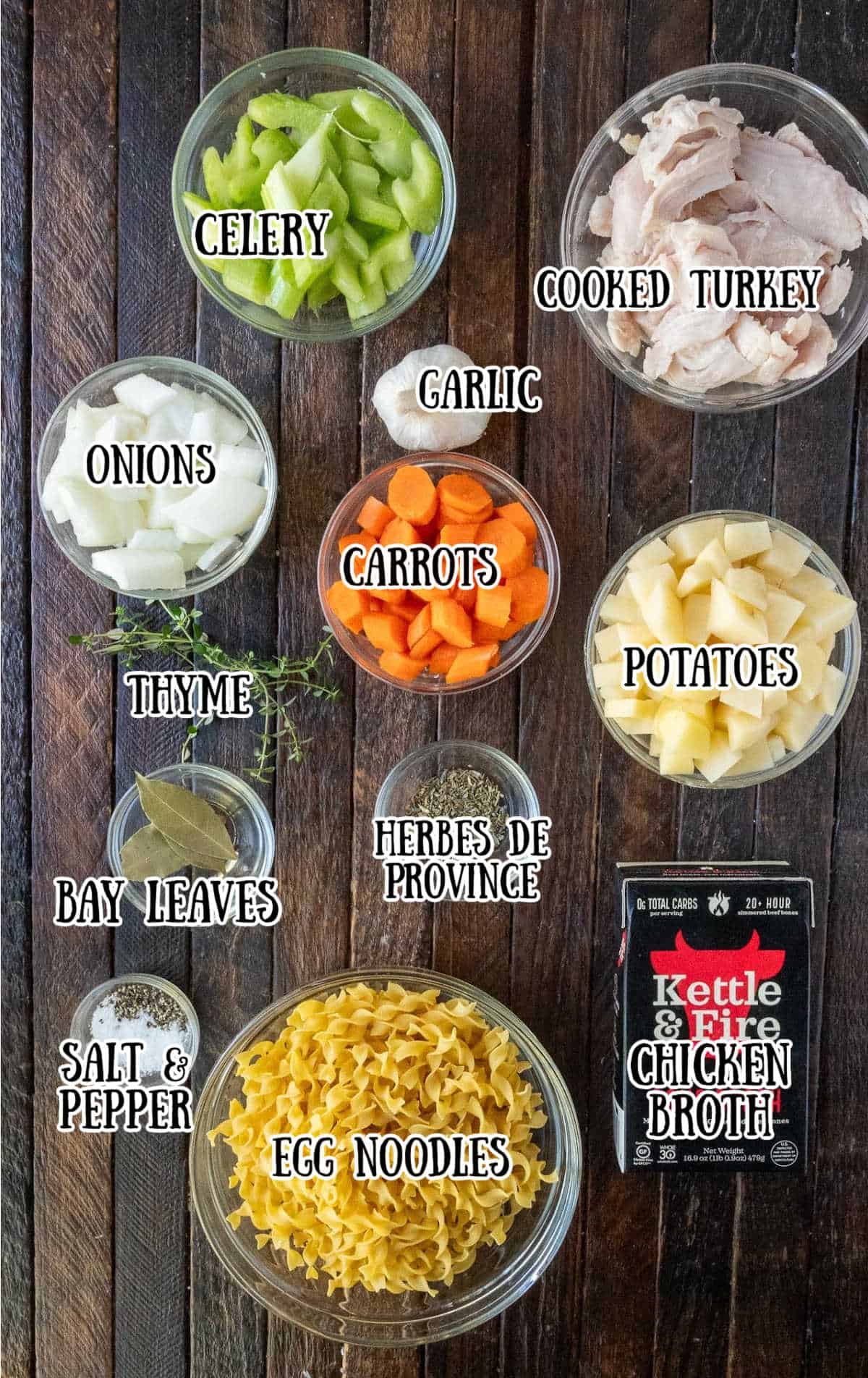 Labeled ingredients for slow cooker turkey noodle soup.