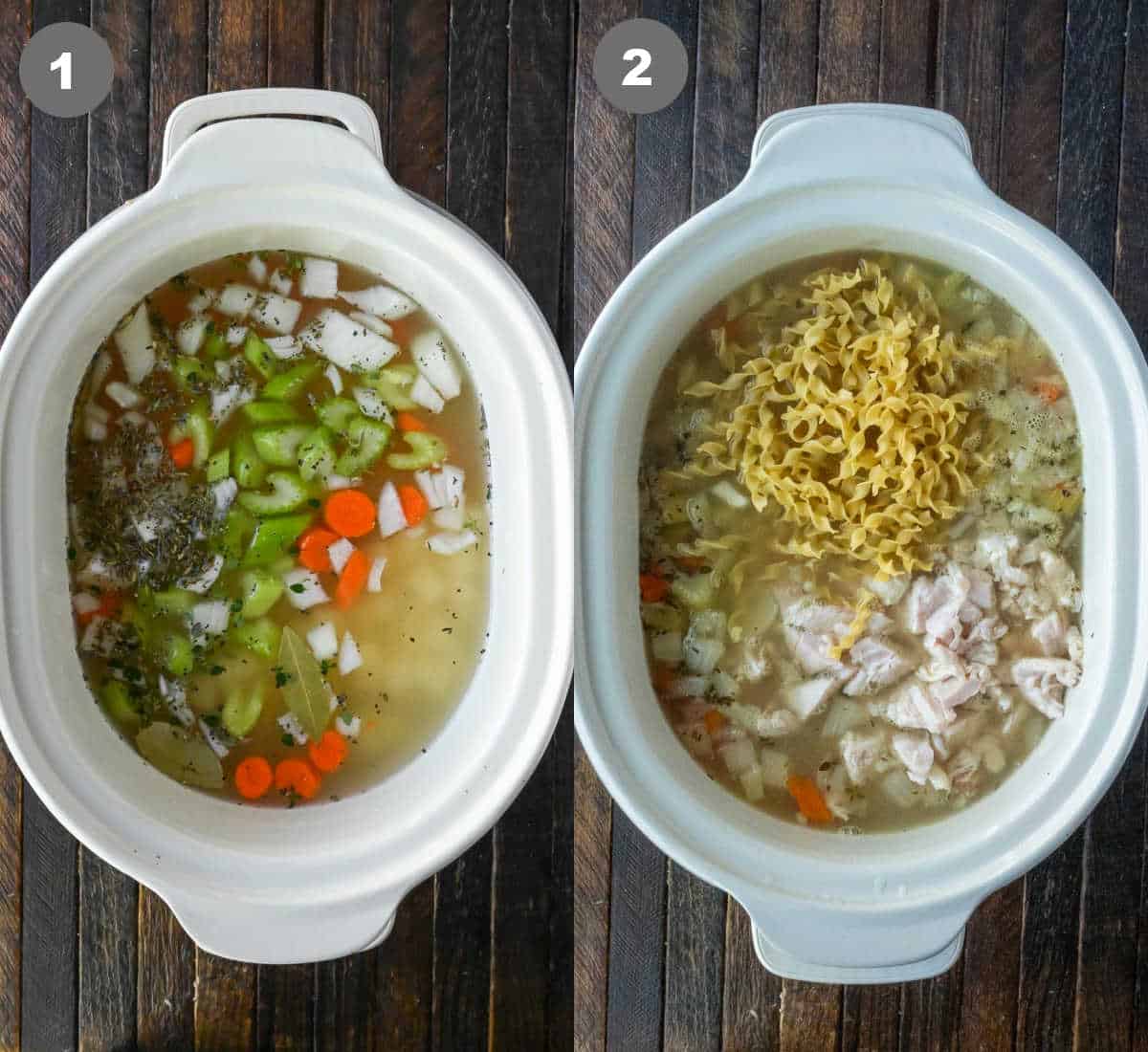 Steps 1 and 2 for making slow cooker turkey noodle soup.