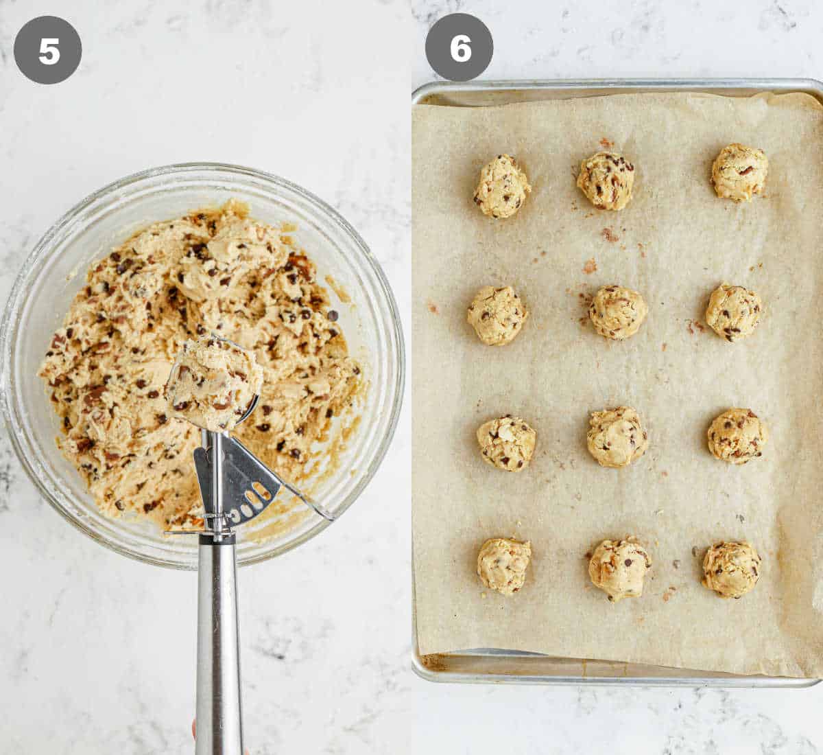 A cookie scoop picking up some dough and putting it on a baking sheet.