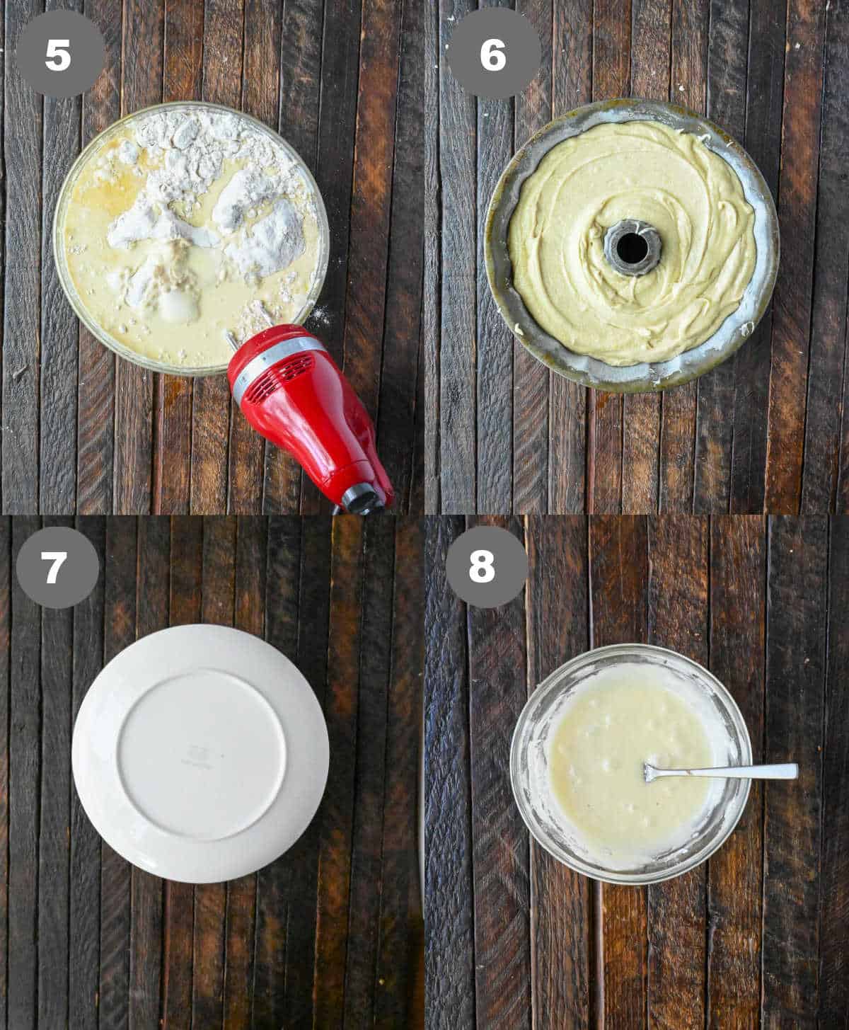 Batter poured into a bundt pan and the icing made in a bowl.