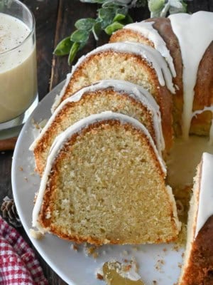 Slices of eggnog pound cake on a platter.