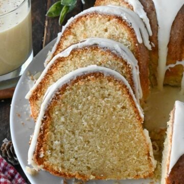 Slices of eggnog pound cake on a platter.