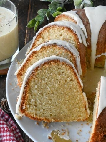 Slices of eggnog pound cake on a platter.