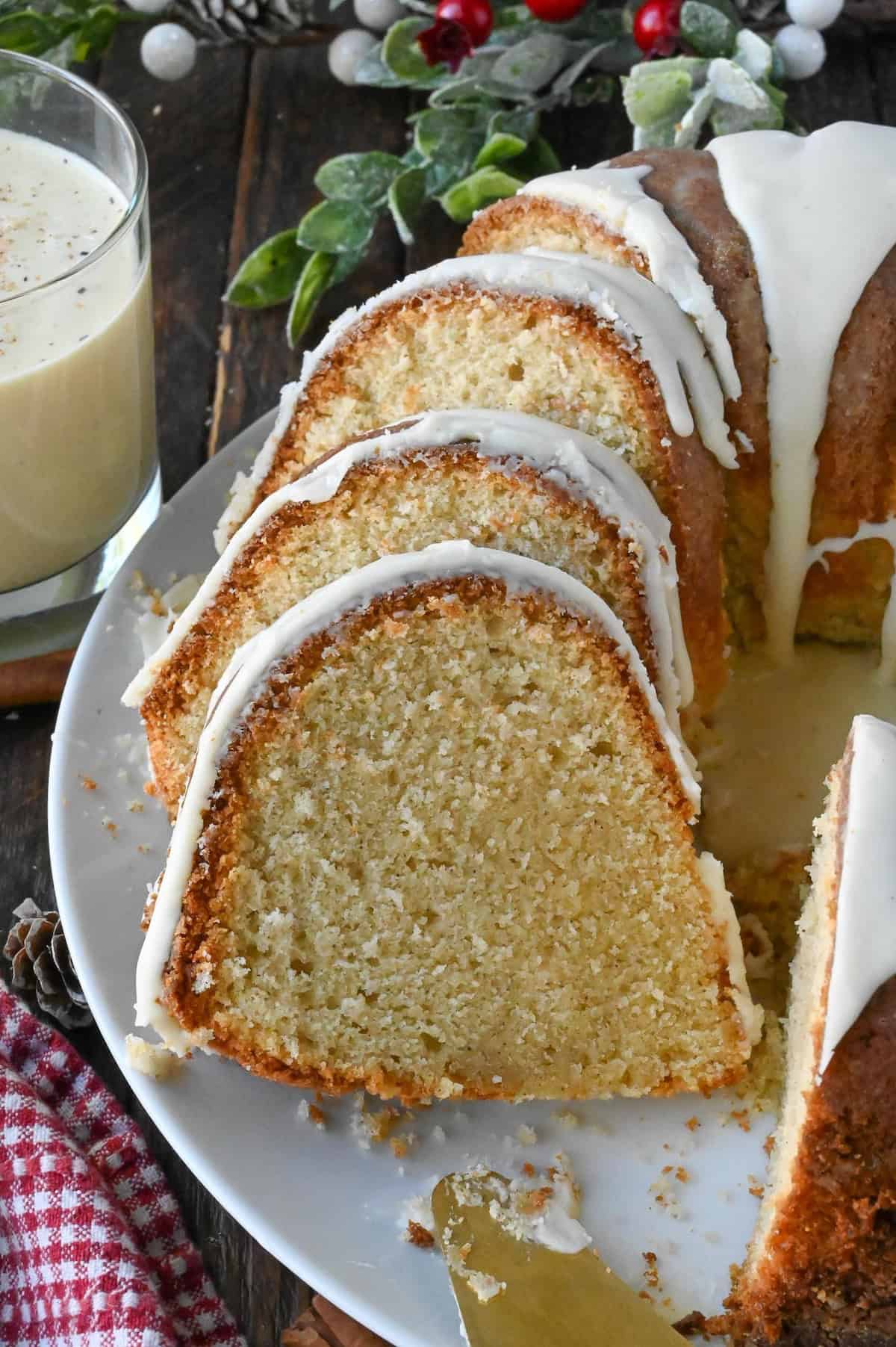 Slices of eggnog pound cake on a platter.