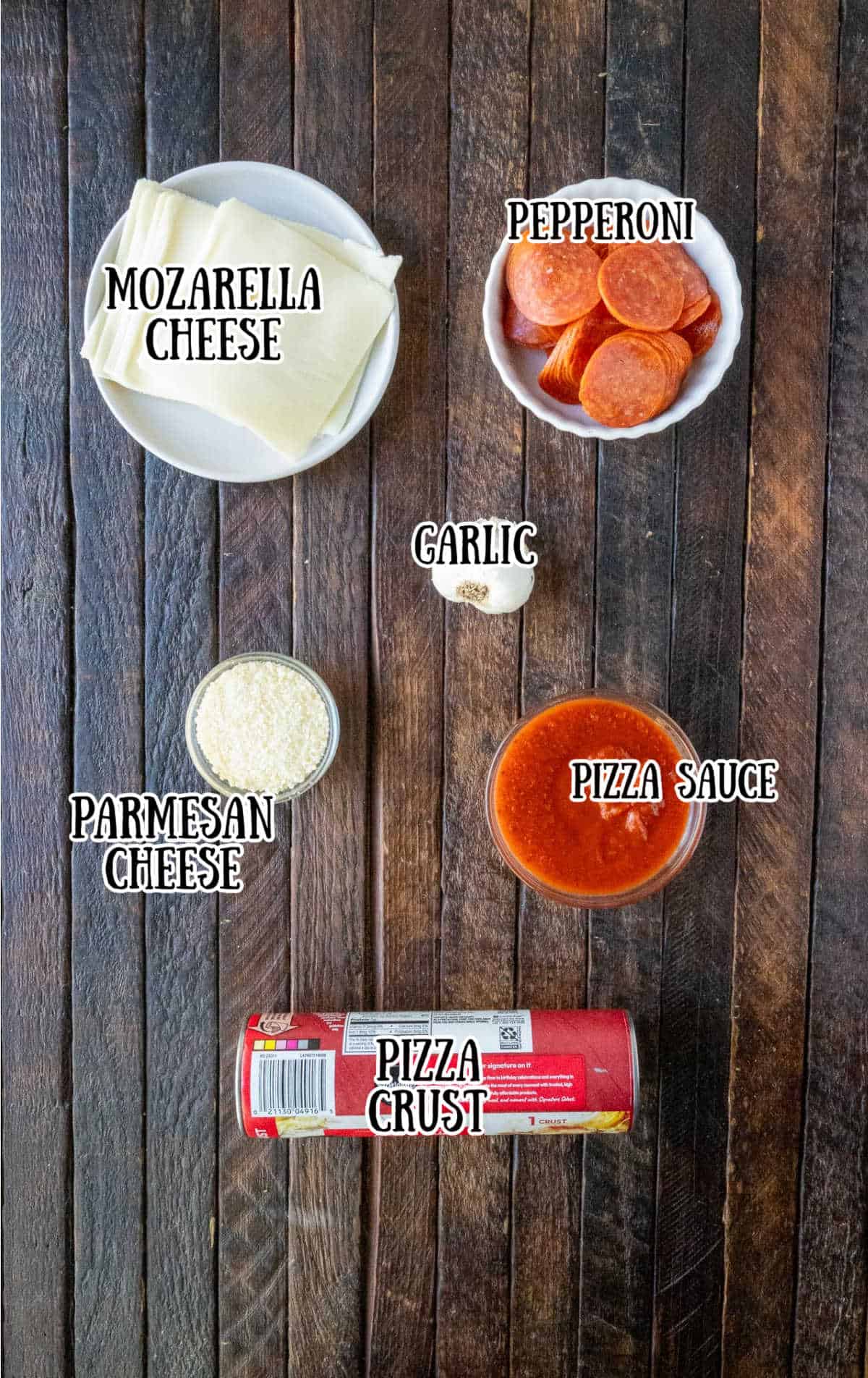 Labeled ingredients for pepperoni pizza pinwheels.