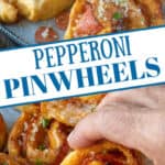 Pinterest graphic featuring two images of pepperoni pinwheels.