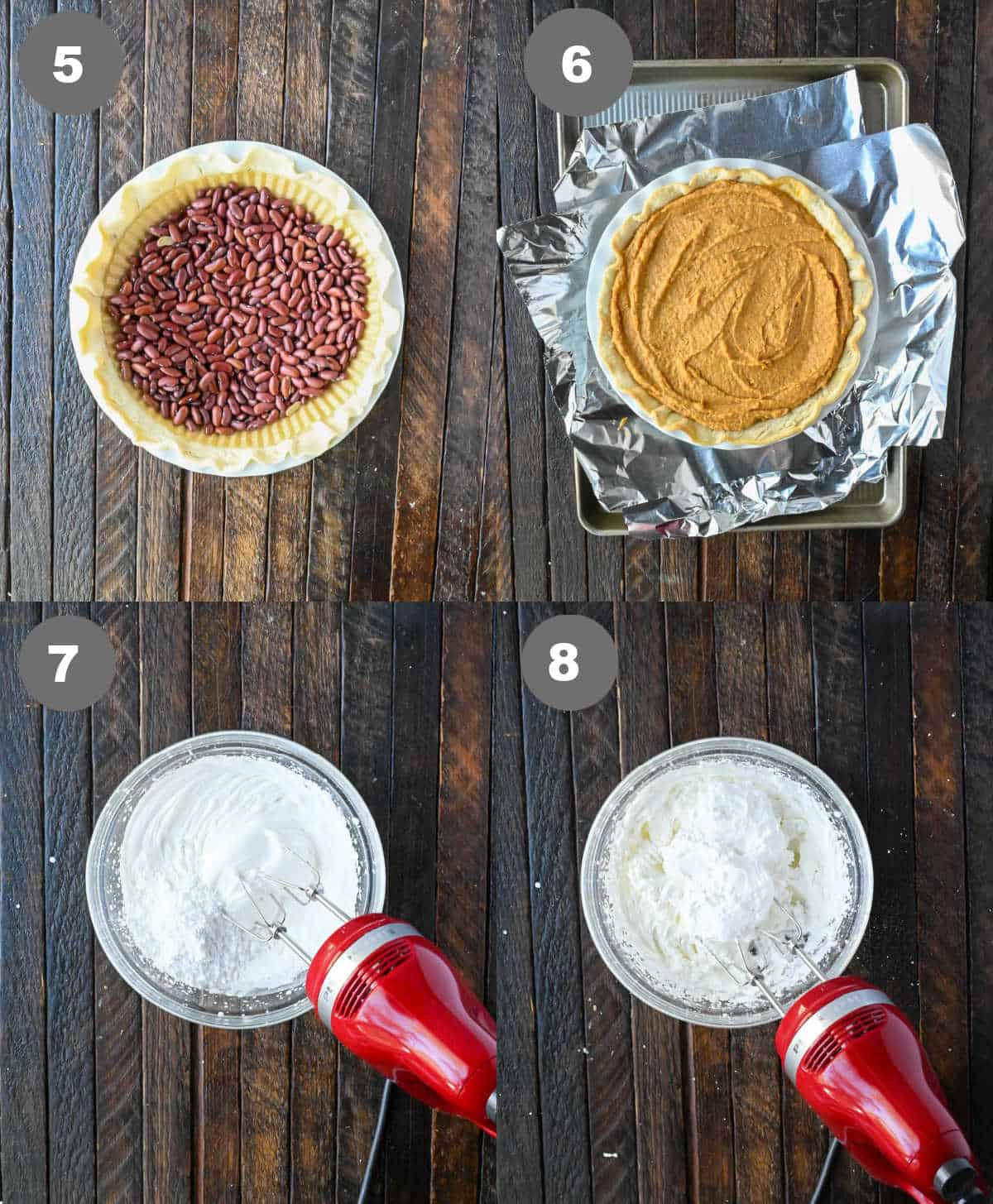 Pie being assembled and marshmallow cream mixed in a bowl.