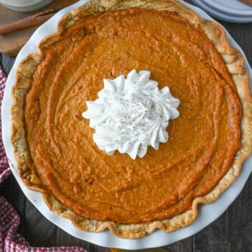 Sweet potato pie in a pie dish.