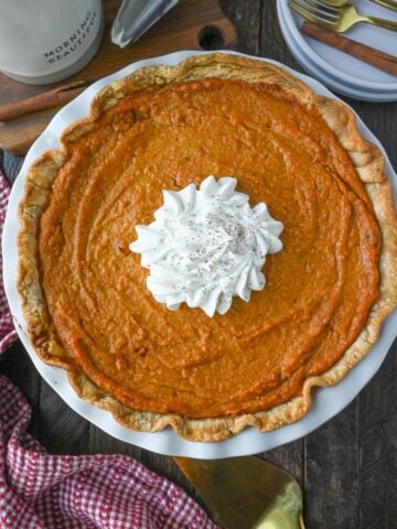 Sweet potato pie in a pie dish.