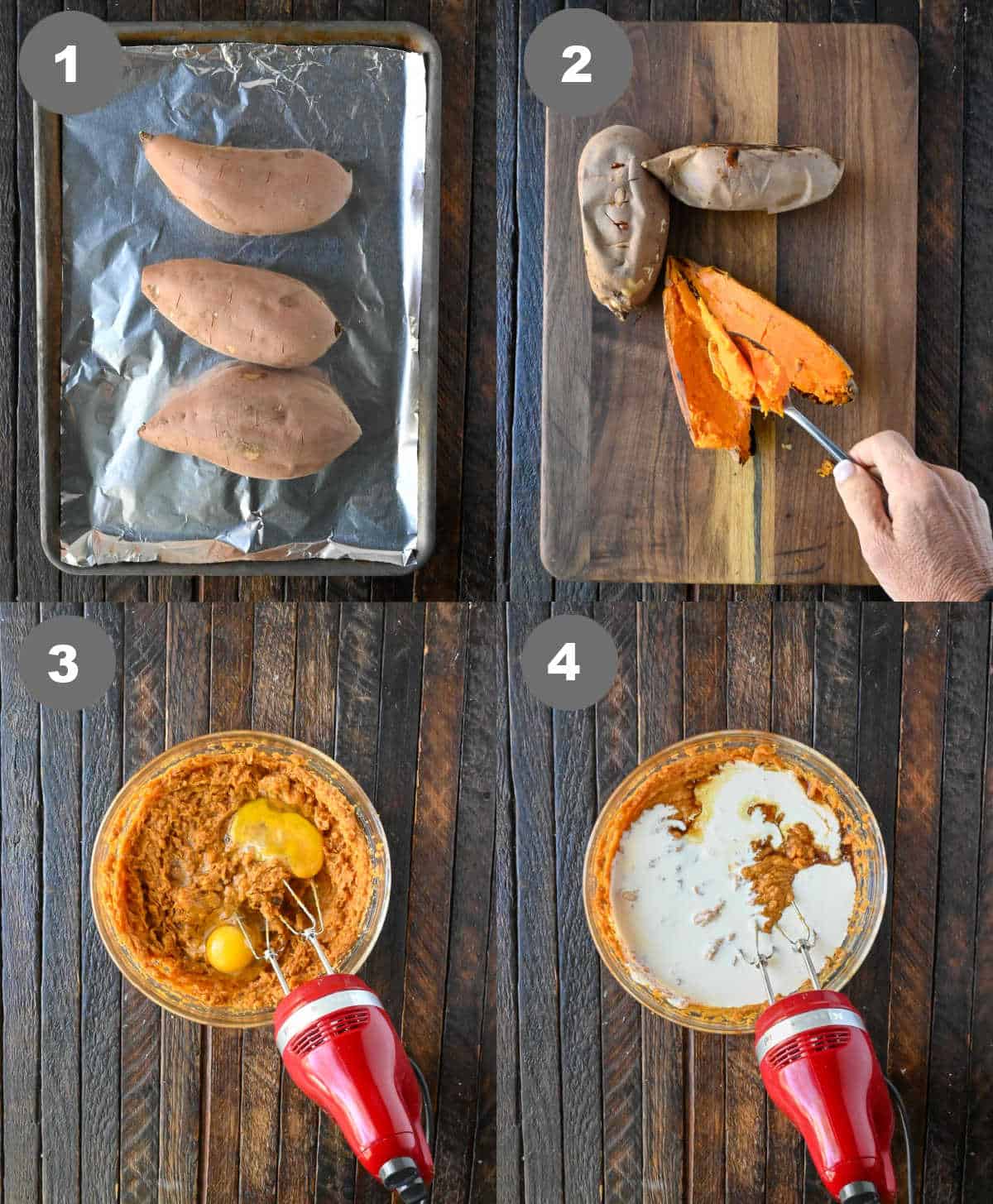 Roasting sweet potatoes and mixing filling in a bowl.