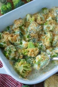 Close up view of a casserole dish with broccoli cheese bake.