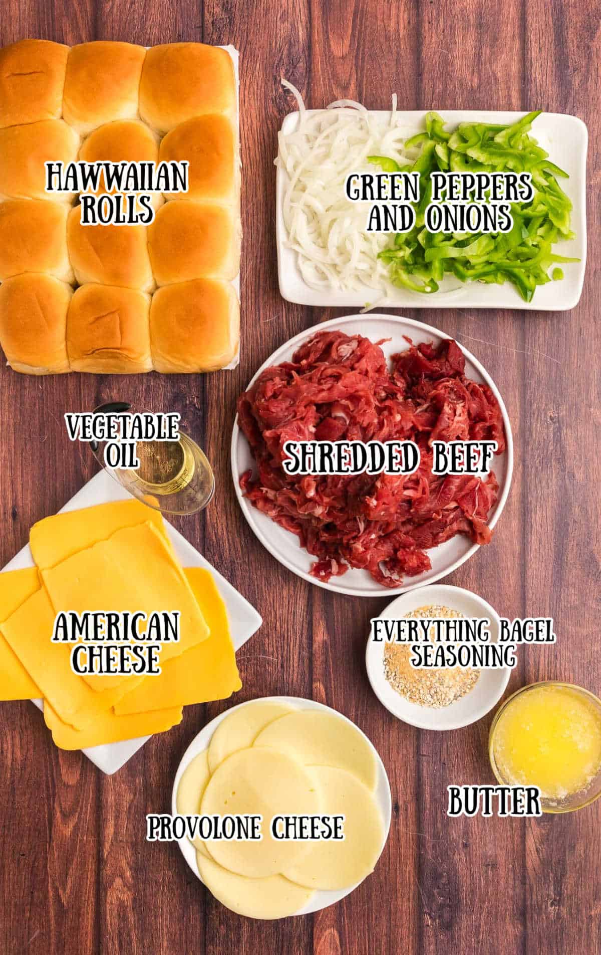 Labeled ingredients for Philly cheesesteak sliders.