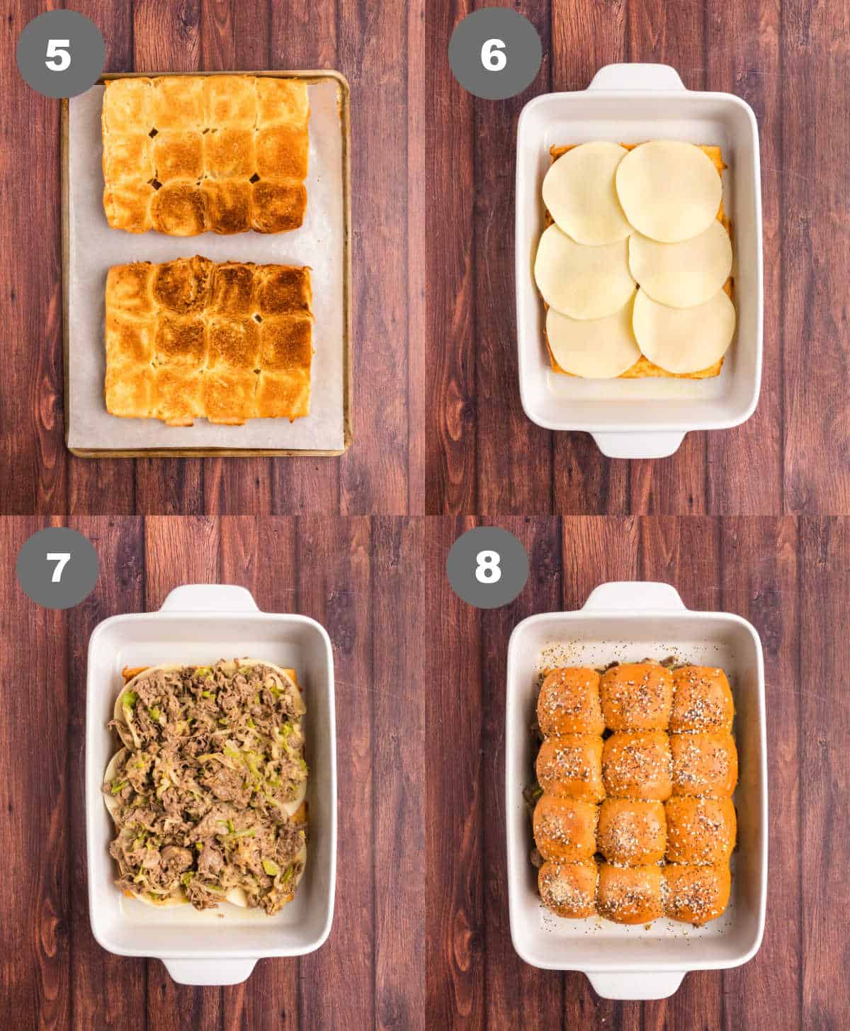 Steps 5 through 8 for making Philly cheesesteak sliders.