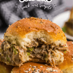 Pinterest graphic featuring philly cheesesteak sliders and title text.