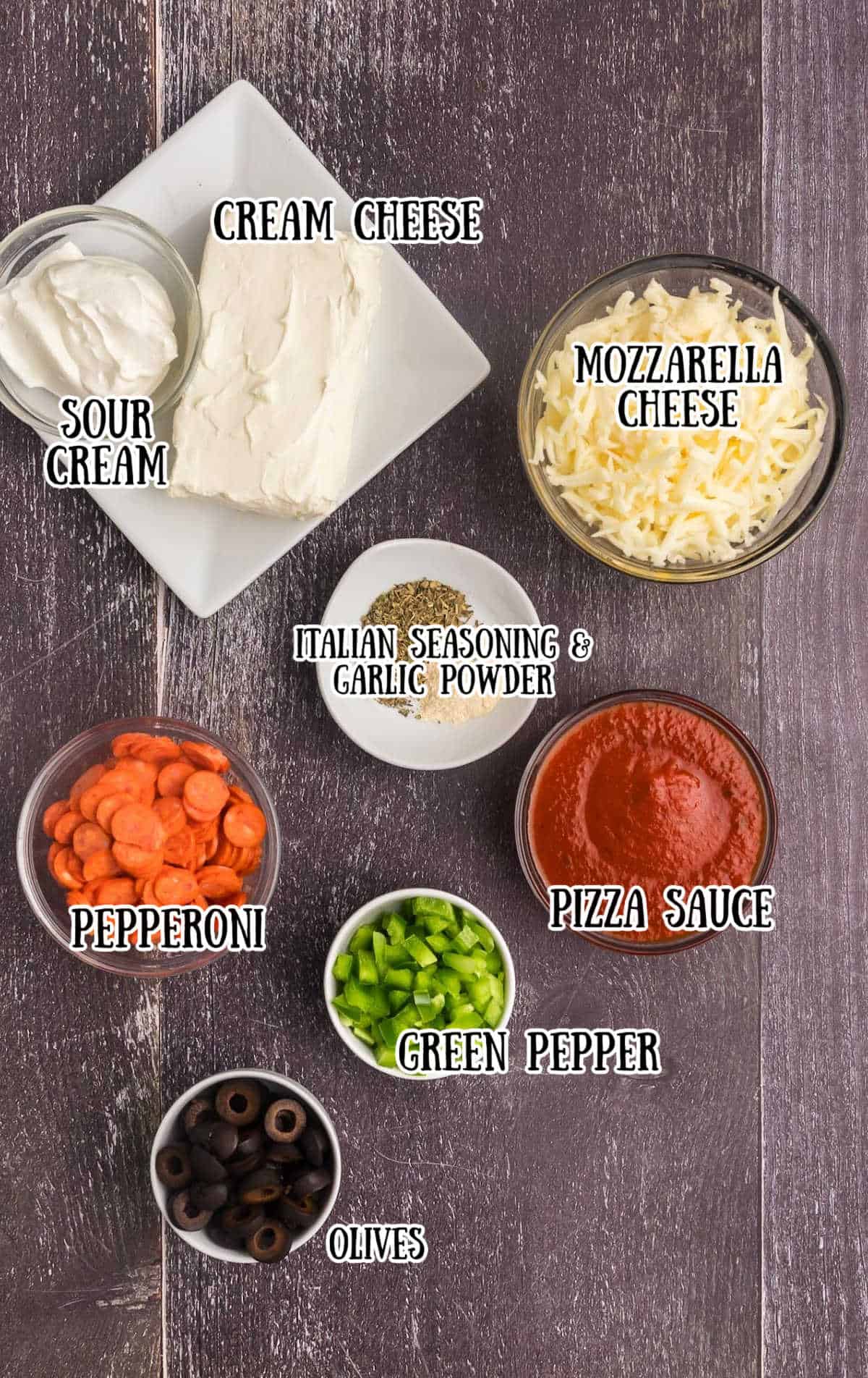 All the ingredients needed for this pizza dip.