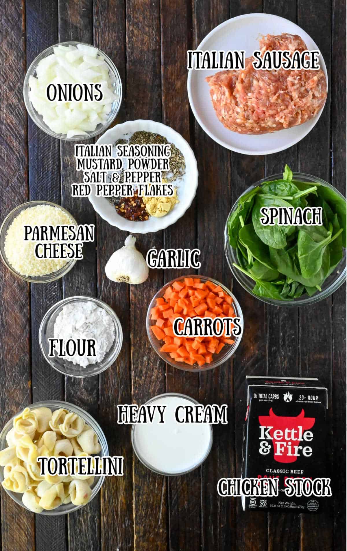 All the ingredients needed for this sausage tortellini soup.