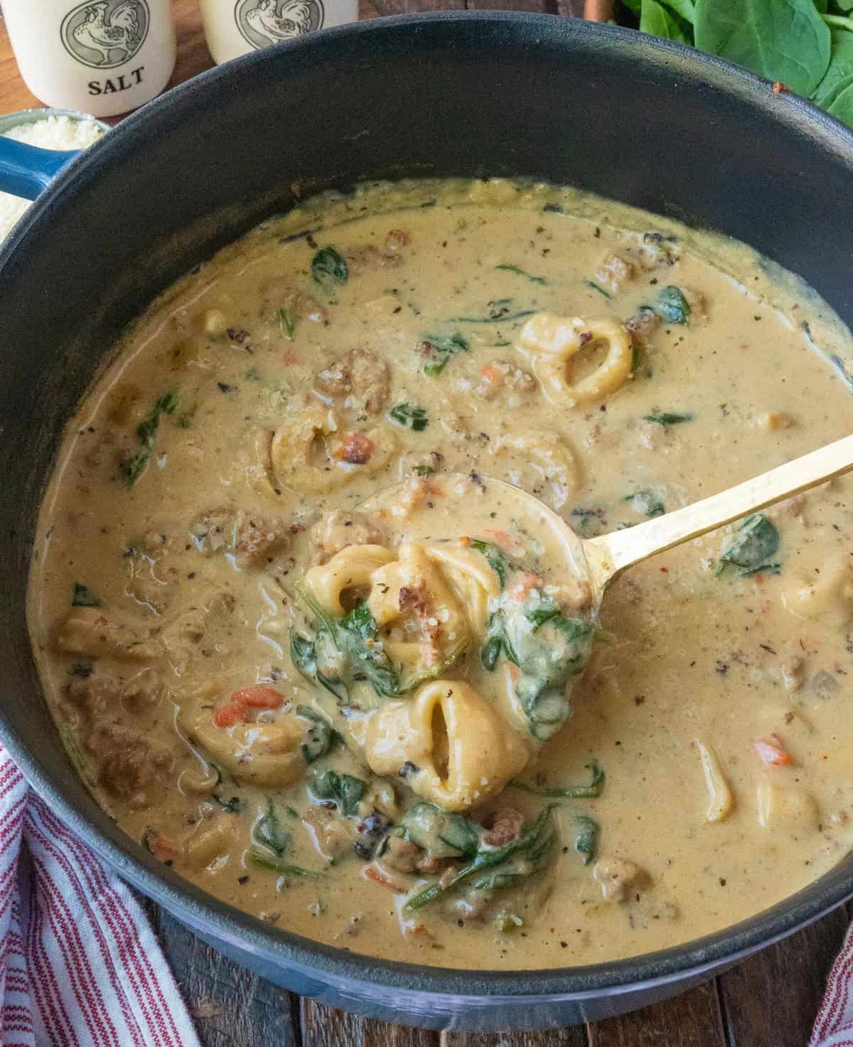 A ladle scooping up some tortellini soup.