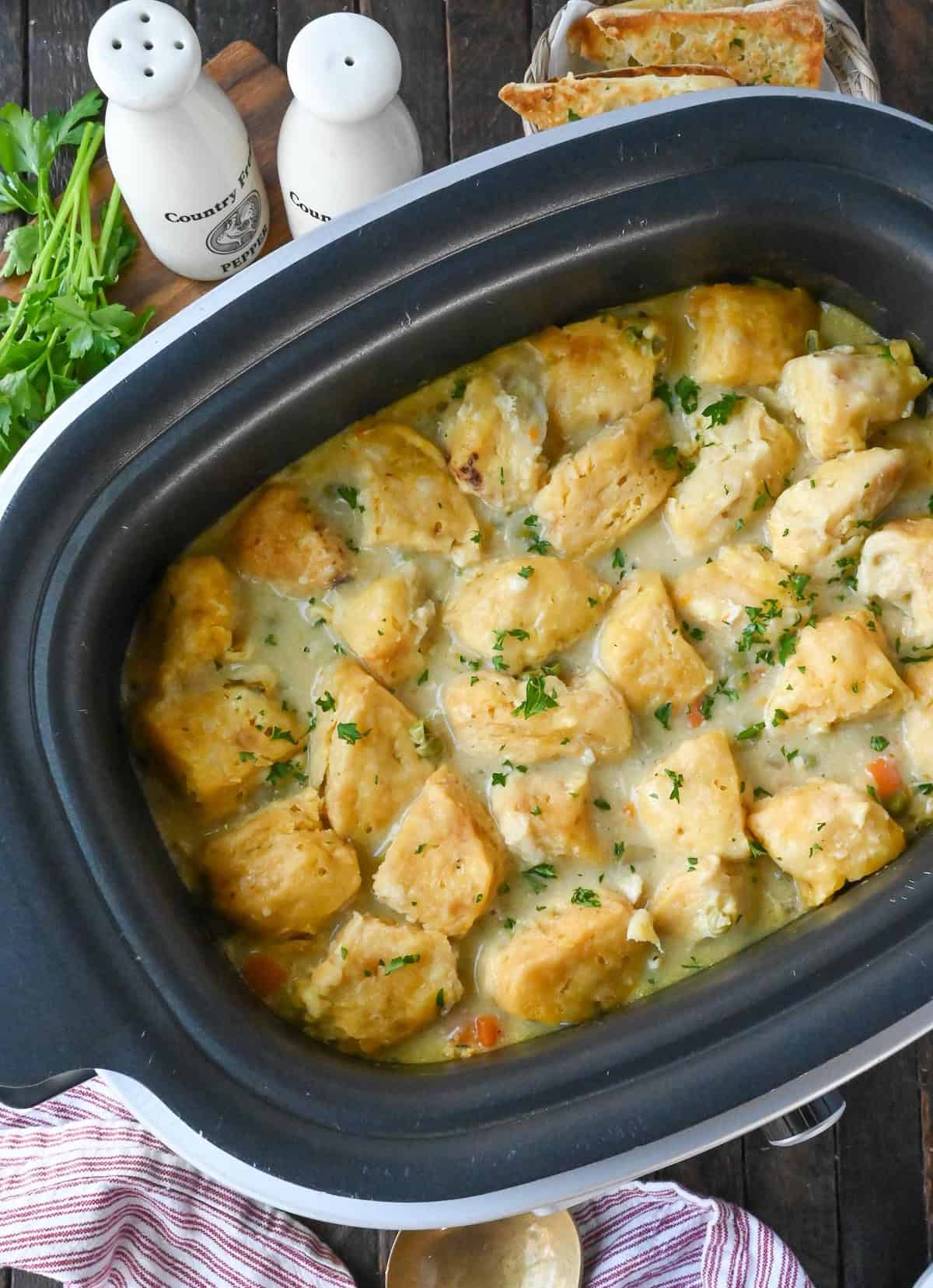 Chicken and dumplings in a slow cooker.