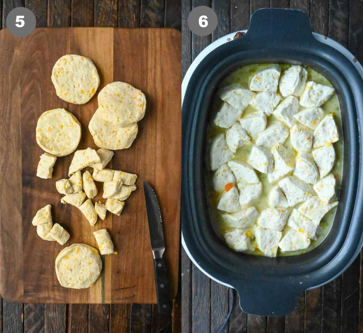 Biscuits being cut up and placed on top of the stew.