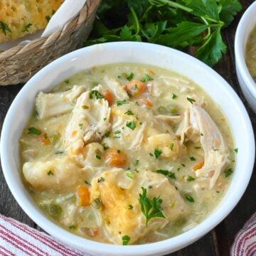 Chicken and dumplings in a white bowl.