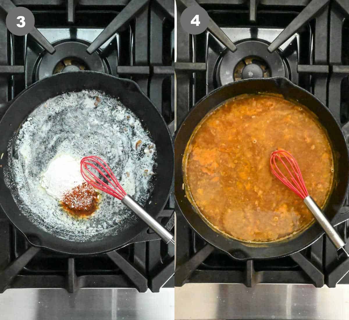 Butter and flour whisked together in a skillet and beef broth added.