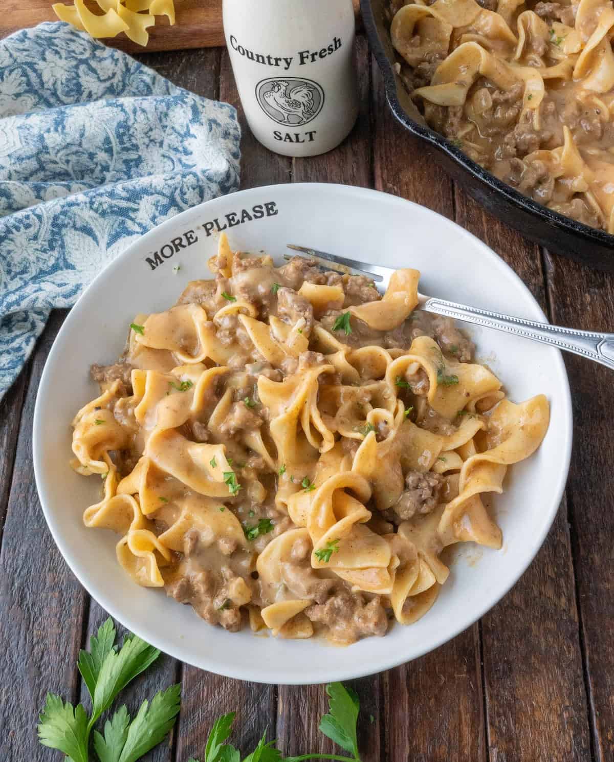 Creamy beef and noodles in a white bowl.